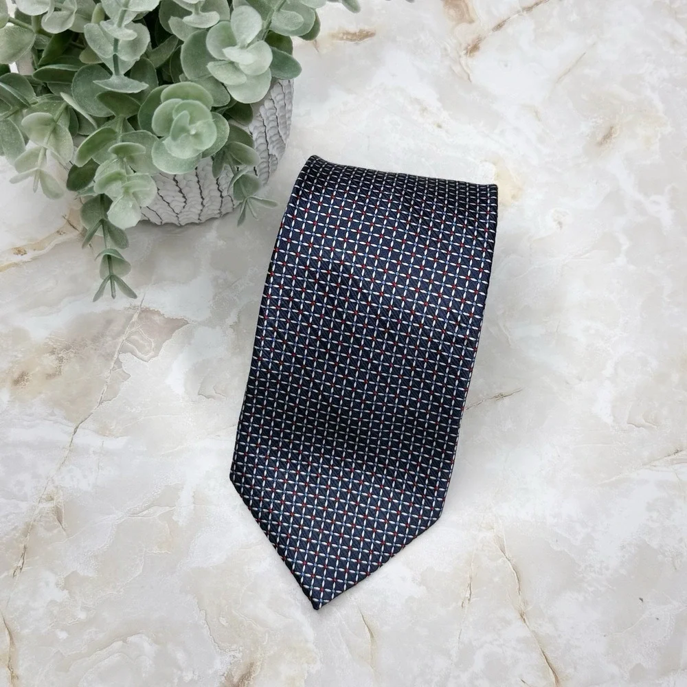 Shore & Singer Navy Geometric Square Navy Silk Tie‎ 3 5/8